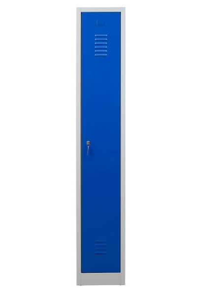 Gürkan Garderobenschrank, 50 x 30 x 180 cm, Lichtgrau, Enzianblau, EU Zylinderschloss, Hutboden & Kleiderhaken, WRC/1.1830, 104752