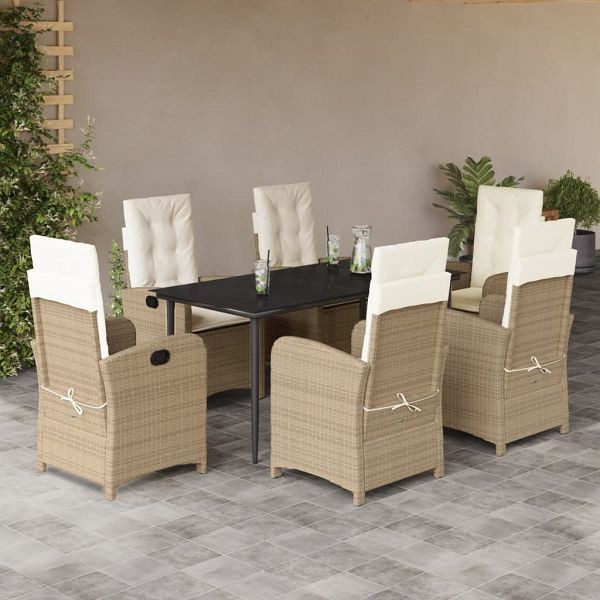 vidaXL 7-teilig Garten-Essgruppe mit Kissen Beige Poly Rattan, 3212375