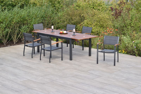 Merxx Paxos Set 7-teilig, 6 Paxos Stapelsessel, gepolstert, graphit/grau, 1 Ausziehtisch 180 (250) x 100 cm, 50820-307
