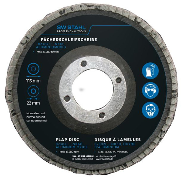 SW-Stahl Fächerschleifscheibe, Aluminiumoxid, 115 mm, NK60, VE: 10 Stück, 82302L