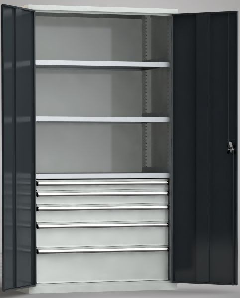 KLW Schwerlastschrank, Universalschrank 2000x1108x656mm, abschließbare Türen, 3 Fachböden, Schubladen: 75VU/100VU/125VU/175VU/250VU, 7FW-PP2000TD-2021XPB