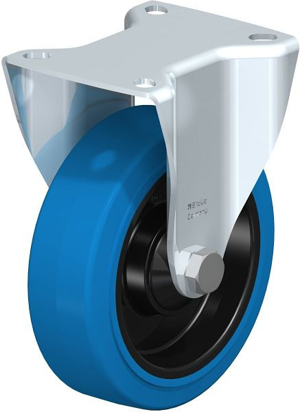 Blickle BK-POEV 125K-1-SB Stahlblech-Bockrolle, schwere Ausführung, mit Anschraubplatte, Elastik-Vollgummi, Blau, 650051