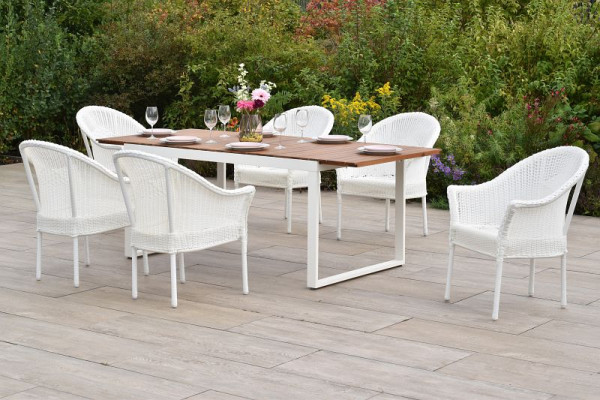 Merxx Bamberg Set 7-teilig, 6 Stapelsessel Bamberg, weiß, 1 Ausziehtisch 150 (200) x 90 cm, Tischplatte aus geölten Akazienholz, FSC Akazie, 51061-208