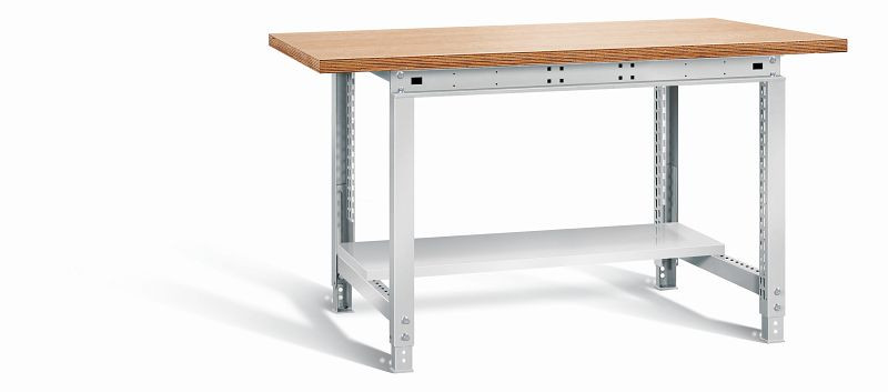 Otto Kind Werktisch allrounder mit, Stahlblechablageboden, Multiplexplatte 25 mm dick, höhenverstellbar von 715-955 mm, komplett RAL 7035, 072319017