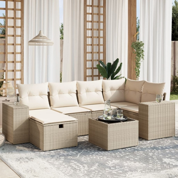 vidaXL 7-tlg. Garten-Sofagarnitur mit Kissen Beige Poly Rattan, UV-beständig, 3264424