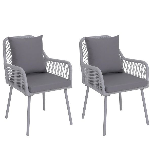 Mendler 2er-Set Gartenstuhl HWC-O12, Outdoor Sitz-/Rückenpolster Aluminium Seilgeflecht Rope, hellgrau, Bezug hellgrau, 120172