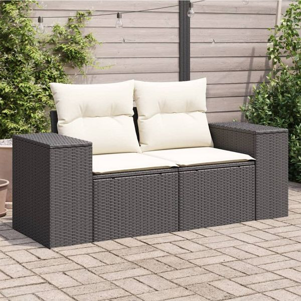 vidaXL Gartensofa mit Kissen 2-Sitzer Schwarz Poly Rattan, 366007