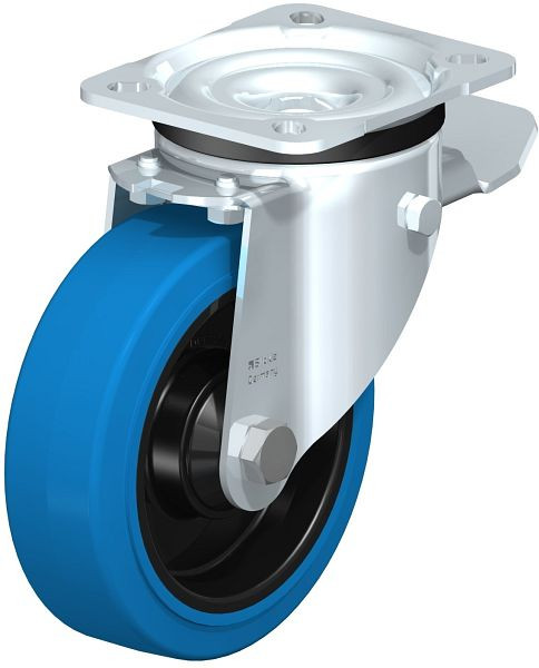 Blickle LK-POEV 125K-1-ST-SB Stahlblech-Lenkrolle, schwere Ausführung, mit Anschraubplatte & Feststeller, Elastik-Vollgummi, Blau, 750344