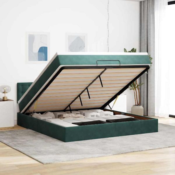 vidaXL Ottoman-Bett mit Matratze & LEDs Dunkelgrün 160x200 cm Samt, 3312779