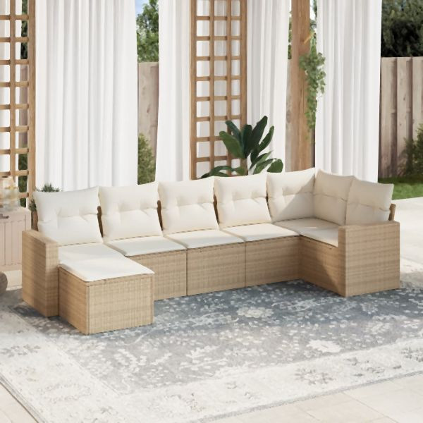 vidaXL 7-tlg. Garten-Sofagarnitur mit Kissen Beige Poly Rattan, 3251615