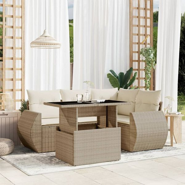 vidaXL 5-tlg. Garten-Sofagarnitur mit Kissen Beige Poly Rattan, 3268508