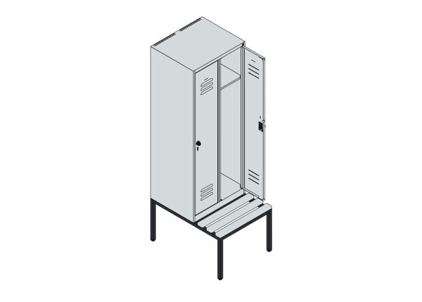C+P Umkleidespind Classic PLUS, mit untergebauter Sitzbank, 2 Abteile, 1950x600x815mm, 7035/5010, Zylinderschlösser, 0800505-20 S10048