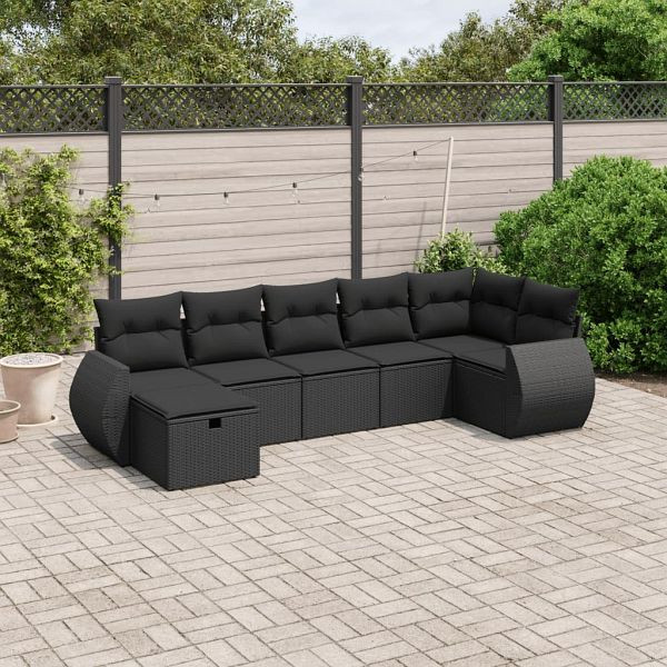vidaXL 7-teilig Garten-Sofagarnitur mit Kissen Schwarz Poly Rattan, 3264121