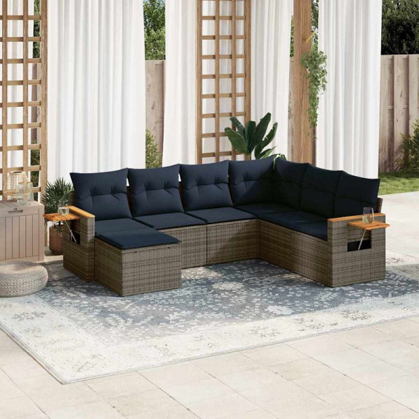 vidaXL 7-teilige Garten-Sofagarnitur mit Kissen Grau Poly Rattan, 3227048