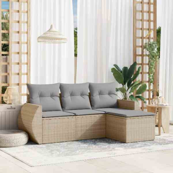 vidaXL 4-tlg. Garten-Sofagarnitur mit Kissen Beige Poly Rattan, UV-beständig, 3221268