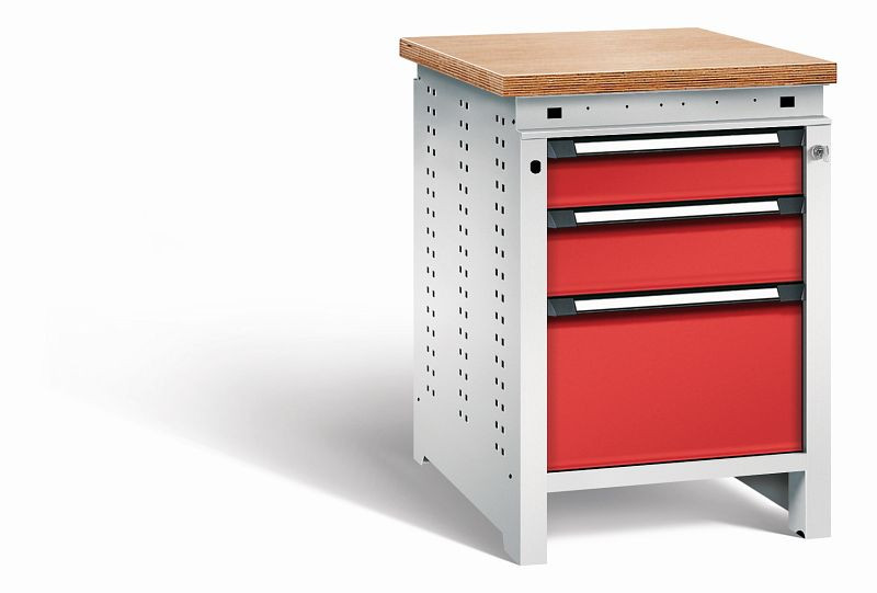 Otto Kind Werkbank Serie function Typ 106, Multiplexplatte, bündig, 3 Schubladen, mit Zentralverschluss, Gehäuse RAL 7035, Front RAL 3000, 072323134