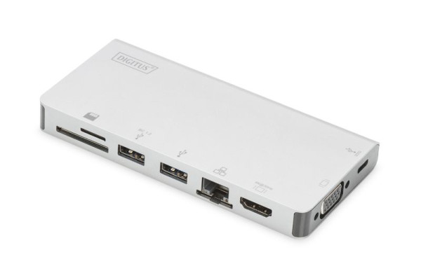 DIGITUS USB-C Multiport Travel Dock, 8 Port, 2x Video, 2x USB-C, 2x USB3.0, RJ45, 2x Kartenleser, DA-70866