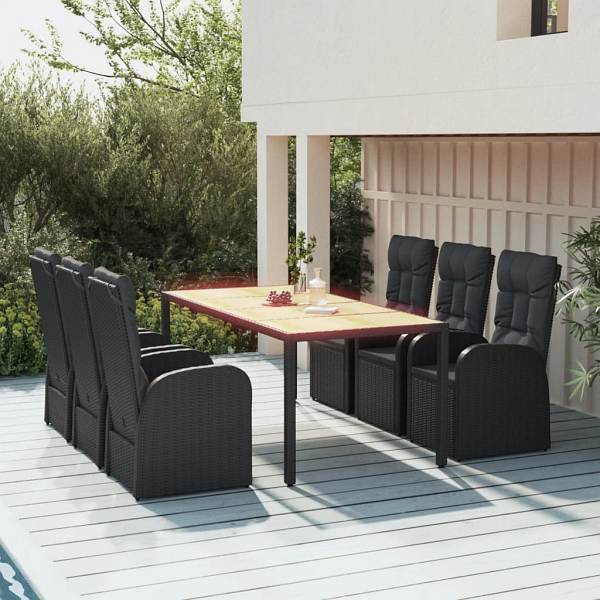 vidaXL 7-tlg. Garten-Essgruppe mit Kissen Schwarz Poly Rattan, 3157603
