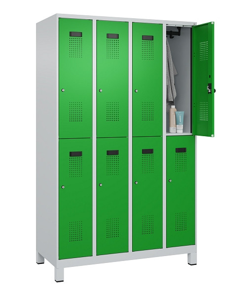 C+P Doppelstöckiger Spind Evolo PLUS, mit Füßen, 8 Fächer, 1950x1200x500mm, 703, Frontfarbe RAL 6037 Reingrün, Zylinderschloss, 049310-40 S10038