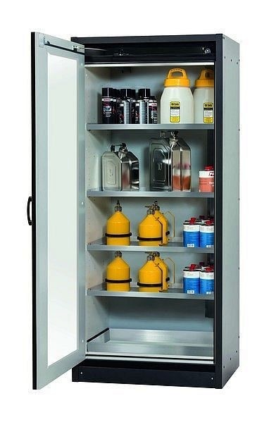 asecos Sicherheitsschrank Q-DISPLAY-30, Q30.195.086.WDFW in sicherheitsgelb RAL 1004 mit 4x Fachboden (Edelstahl), 32781-060-30050