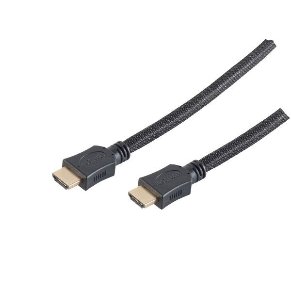 S-Conn HDMI A-Stecker auf HDMI A-Stecker, vergoldete Kontakte, ULTRA HD, 3D, HEAC, schwarz mit schwarzen Low Density Nylon Mantel 7,5m, 77477-LDN