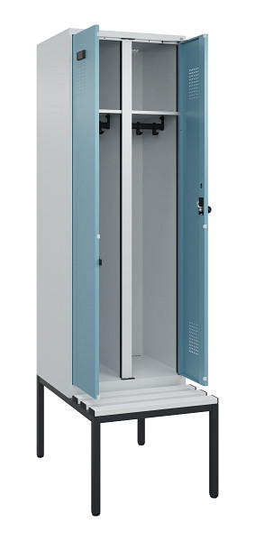 C+P Schwarz-Weiß-Spind Evolo PLUS, Bank, 2 Abteile, 2120x600x815mm, 7035/0010, Drehriegel, Sitzfläche Kunststoff, Sitzbank, 0490527-20 S10063