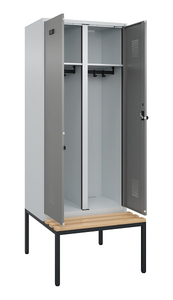 C+P Schwarz-Weiß-Spind Evolo PLUS, Bank, 2 Abteile, 2120x800x815mm, 7035/0004, Drehriegel, Sitzfläche Buche-Hartholz, Sitzbank, 0490527-22 S10014