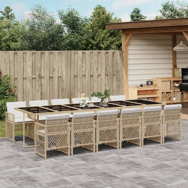 vidaXL 13-tlg. Garten-Essgruppe mit Kissen Beige Poly Rattan, 3210766