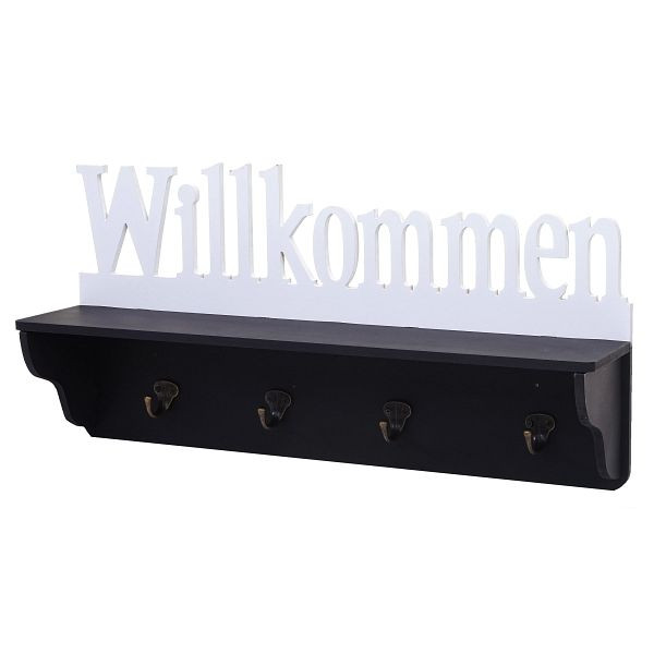 Mendler Wandgarderobe HWC-D41 Willkommen, Garderobe Regal, 4 Haken massiv 30x60x13cm, schwarz/weiß, 62801