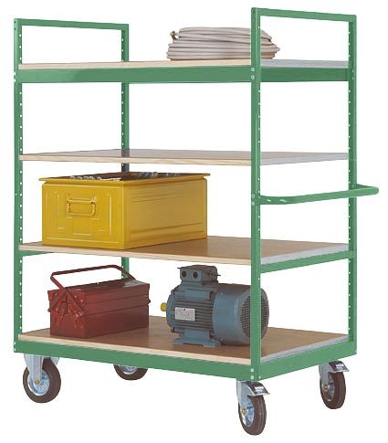 Manuflex Etagenwagen VARIMOBIL 500 kg mit Holzböden, HxBxT = 1730 x 1030 x 700 mm, resedagrün, TV3053.6011