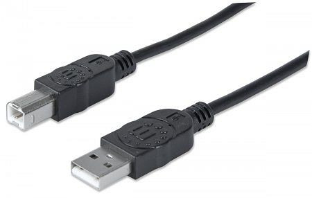 MANHATTAN Hi-Speed USB B Anschlusskabel, USB 2.0, Typ A Stecker - Typ B Stecker, 480 Mbps, 3 m, Schwarz, 333382