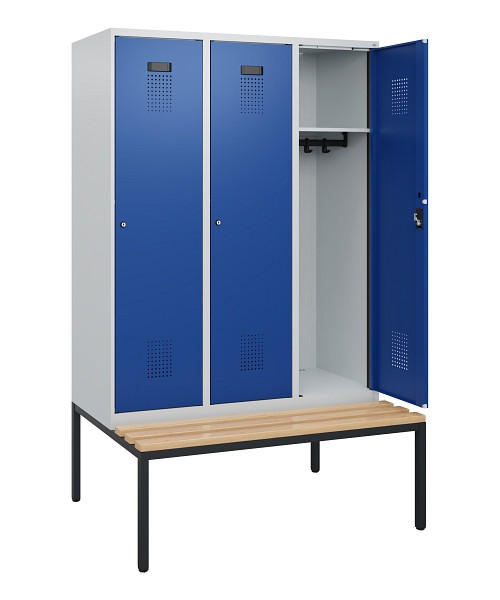 C+P Spind Evolo PLUS, 3 Abteile, 1950x1200x815mm, 7035/5010, Zylinderschloss, Sitzfläche Buche-Hartholz, Sitzbank, 0490505-32 S10029