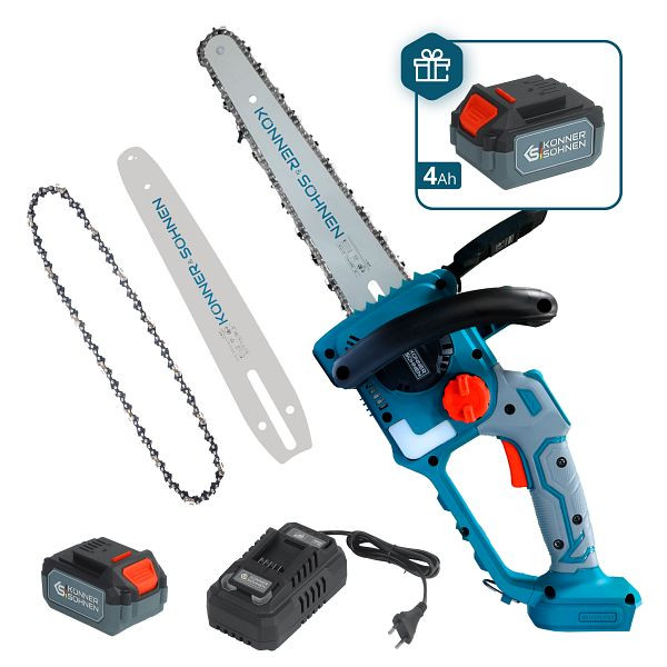 Könner & Söhnen Akku-Mini-Kettensäge, Kettengeschwindigkeit 10 m/s, inkl. 2 Akkus und Ladegerät, KS MCS20V-12 SET PLUS