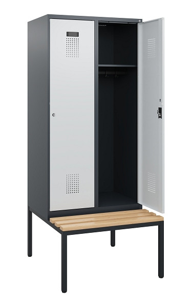C+P Spind Evolo PLUS, 2 Abteile, 1950x800x815mm, 7016/7035, Zylinderschloss, Sitzfläche Buche-Hartholz, Sitzbank, 0490505-22 S10044