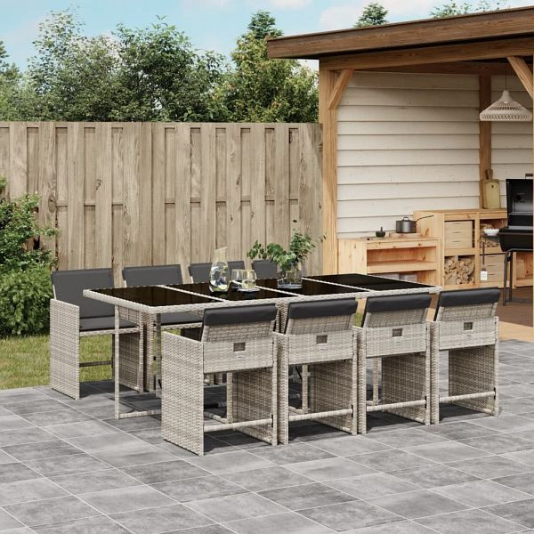 vidaXL 9-teilig Garten-Essgruppe mit Kissen Hellgrau Poly Rattan, 3211103
