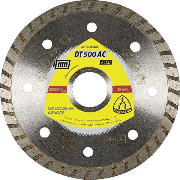 Klingspor DT 500 AC Diamanttrennscheiben 115 x 1,9 x 22,23 mm 1,9 x 7 mm geschlossener Rand Turbo, für Winkelschleifer, 331229