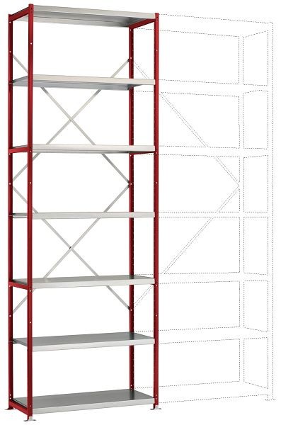 Manuflex Mittelschweres Fachboden-Steck-Grundregal mit 7 Stahlböden, HxBxT = 3000 x 1030 x 300 mm, rubinrot, RP1617.3003