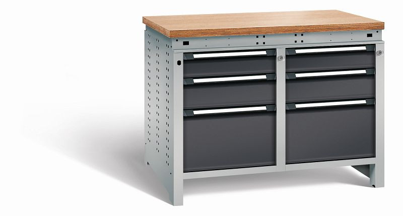 Otto Kind Werkbank Serie function Typ 215, Multiplexplatte 40 mm, bündig, 2x Unterbau + Zentralverschluss, Gehäuse RAL 9006, Front RAL 9005, 07234513N