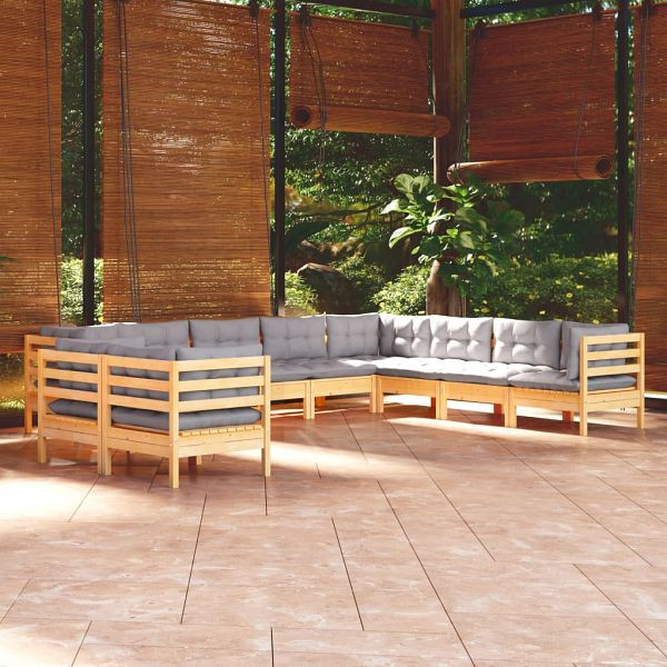 vidaXL 10-teilig Garten-Lounge-Set mit Grauen Kissen Massivholz Kiefer, 3096910