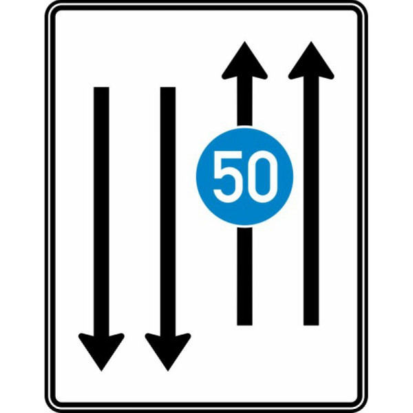 Stein HGS Fahrstreifentafel mit Gegenverkehr, 2-streifig Fahrt- und Gegenrichtung, mit vorgeschriebene Mindesteschwindighkeit, 1250x1600mm, RA2, Flachform 2mm, ohne Entfernungsangabe, 526-33-121