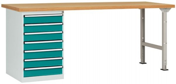 Manuflex Werkbanksystem COMBI Modell 6 mit massiver Bucheplatte, BxTxH = 2000 x 700 x 840 mm, Wasserblau, WC5121.5021