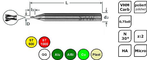 SPPW Micro-Bohrnutenfräser VHM 0,75xØ L: 39x0,75 z:2 d3 Ø1,00, 6685110100