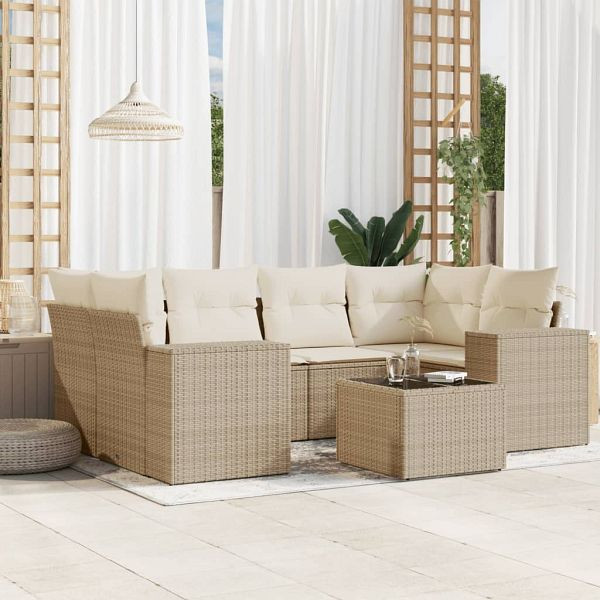 vidaXL 7-teilig Garten-Sofagarnitur mit Kissen Beige Poly Rattan, 3222317