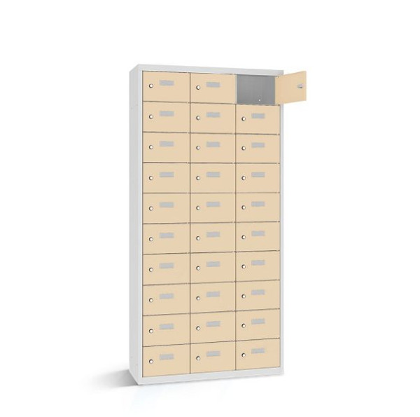 Rotstahl Wertfachschrank, 30 Fächer, Tür einwandig, kurzer Sockel, Korpus: lichtgrau, Türen: hellelfenbein, 2161-031003-1181112-7035-1015