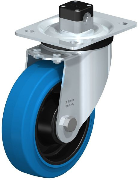 Blickle L-POEV 160KD-CS11-SB Stahlblech-Lenkrolle, mittelschwere Ausführung, mit Anschraubplatte & Zentralfeststeller, Elastik-Vollgummi, Blau, 850636