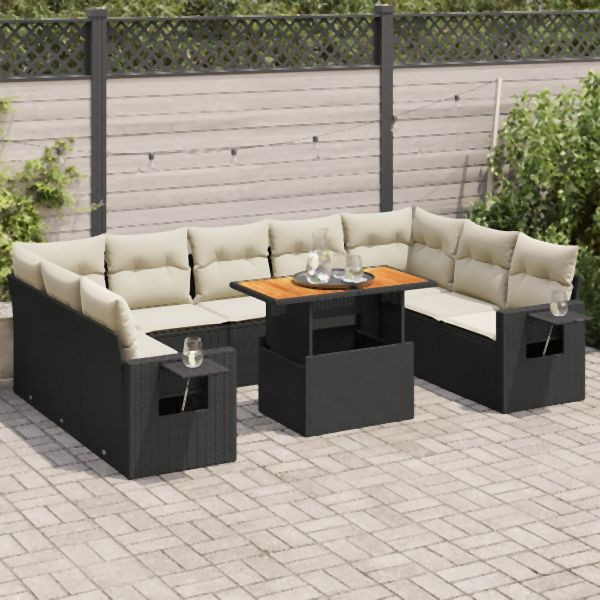 vidaXL 10-tlg. Garten-Sofagarnitur mit Kissen Schwarz Poly Rattan, 3327192