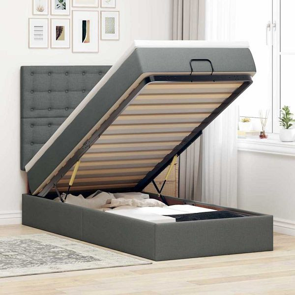 vidaXL Ottoman-Bett mit Matratze & LEDs Dunkelgrau 90x190 cm Stoff, 3314135