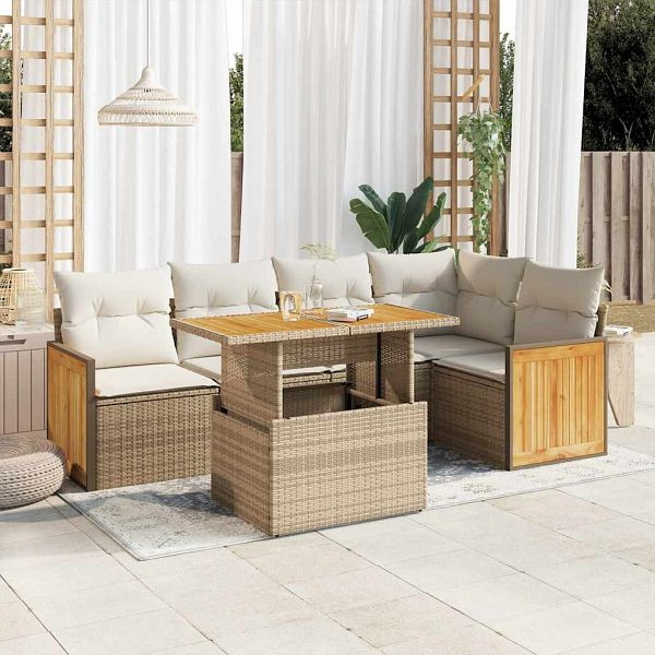 vidaXL 6-tlg. Garten-Sofagarnitur mit Kissen Beige Poly Rattan Akazie, 3327712
