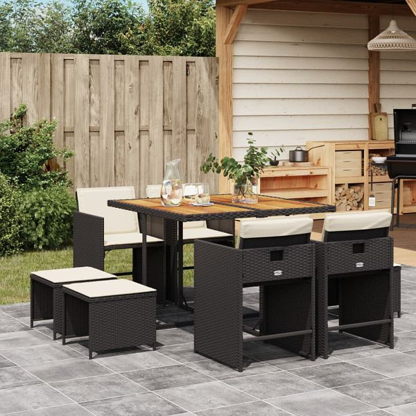 vidaXL 9-teilig Garten-Essgruppe mit Kissen Schwarz Poly Rattan, 3211143