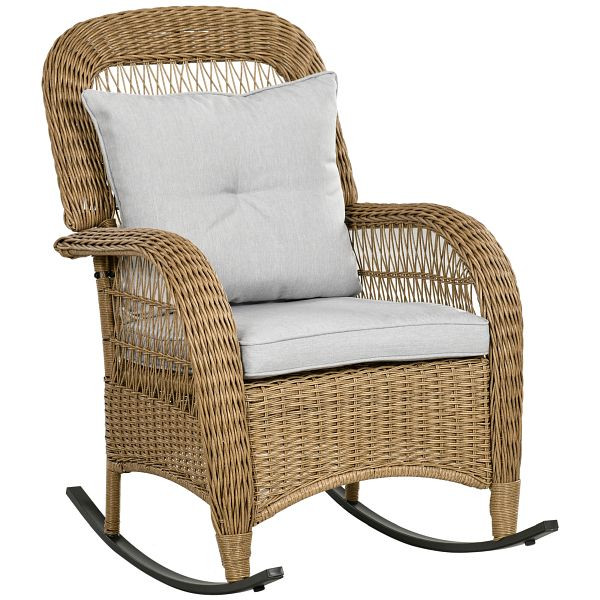 Outsunny Schaukelstuhl im Boho-Stil, PE-Rattan, Rattan-Schaukelstuhl, waschbare Polsterbezüge, Natur + Hellgrau, 867-113V00YL